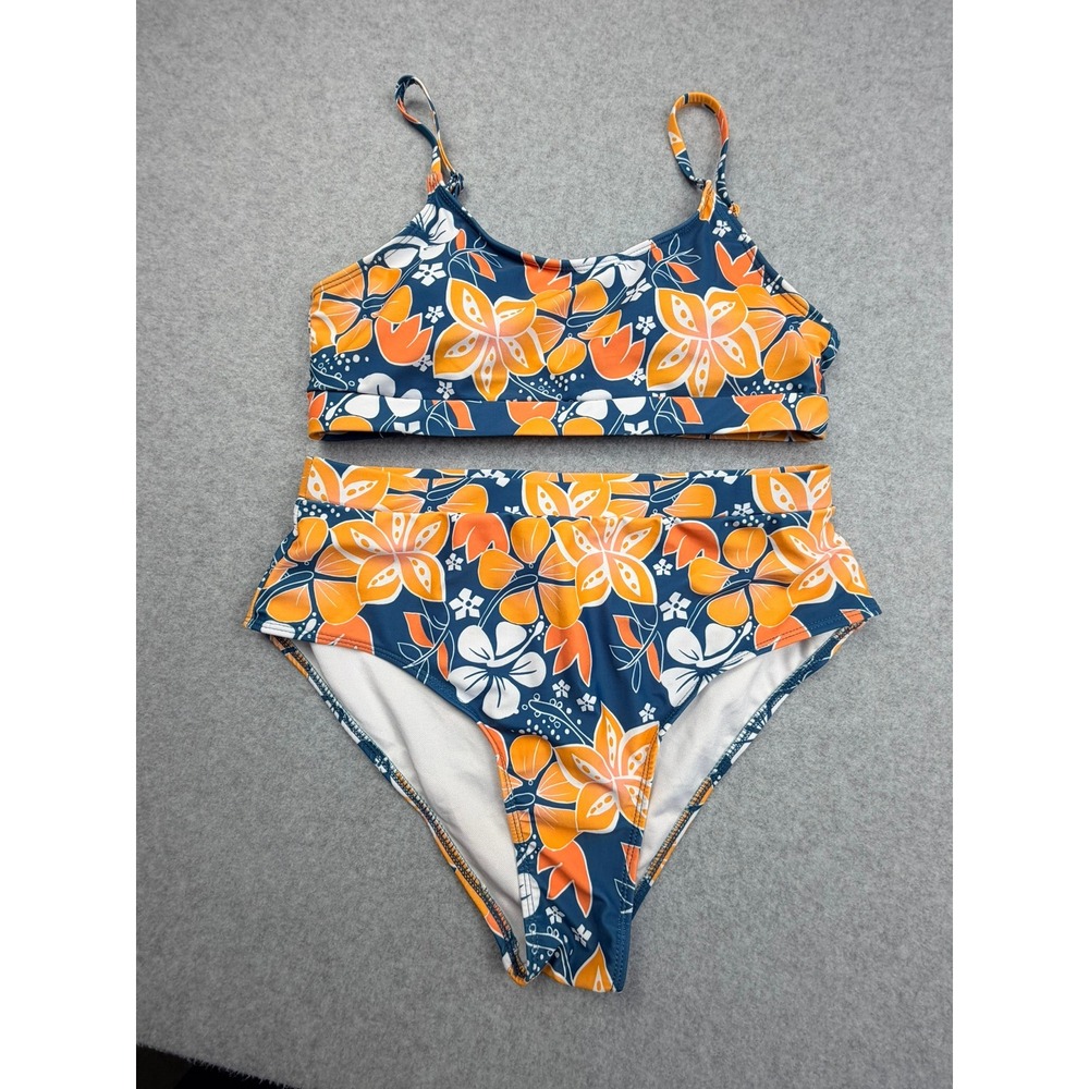 Tropical Floral High Waisted Bikini Set Navy Orange White Medium